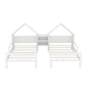 Bellemave Double Twin Size Platform Bed with House-Shaped Headboard and Built-in Nightstand,Twin House Bed Frame for 2 Kids,Montessori Bed for Boys & Girls(White)