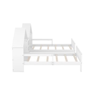 Bellemave Double Twin Size Platform Bed with House-Shaped Headboard and Built-in Nightstand,Twin House Bed Frame for 2 Kids,Montessori Bed for Boys & Girls(White)