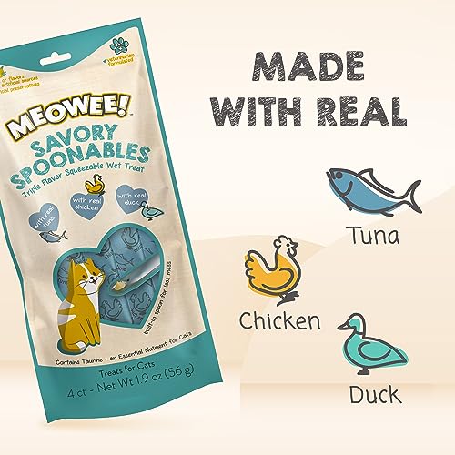 MEOWEE! Savory Spoonables with Real Tuna, Chicken & Duck, 4 Count Tube, Triple Flavor Squeezable Lickable Wet Treats for Cats with Built-in Spoon for Less Mess