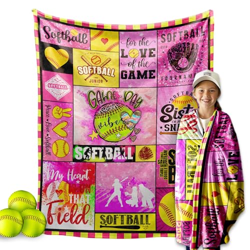 Softball Blanket, Softball Gift for Girls Women Kids, Softball Throw Blanket for Softball Lover/Player Gifts, Best Softball Coach Team Gifts, Softball Birthday Gift, Softball Room Decor 50"x40" (S)