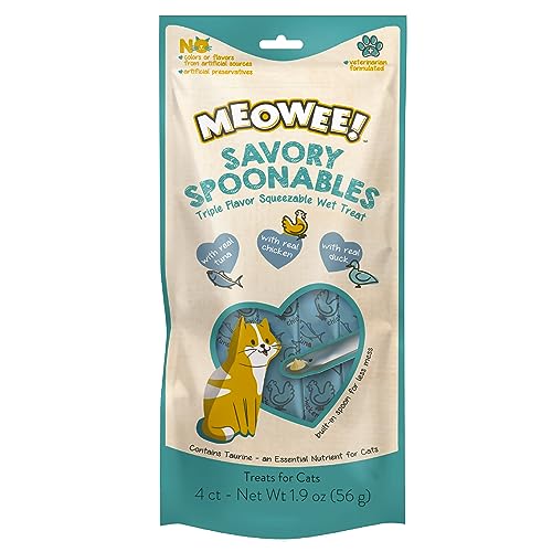 MEOWEE! Savory Spoonables with Real Tuna, Chicken & Duck, 4 Count Tube, Triple Flavor Squeezable Lickable Wet Treats for Cats with Built-in Spoon for Less Mess