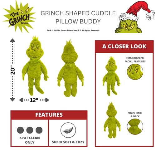 Franco Dr. Seuss The Grinch Holiday & Christmas Bedding Super Soft Plush 20 Inch Cuddle Pillow Buddy, (Officially Licensed Product)