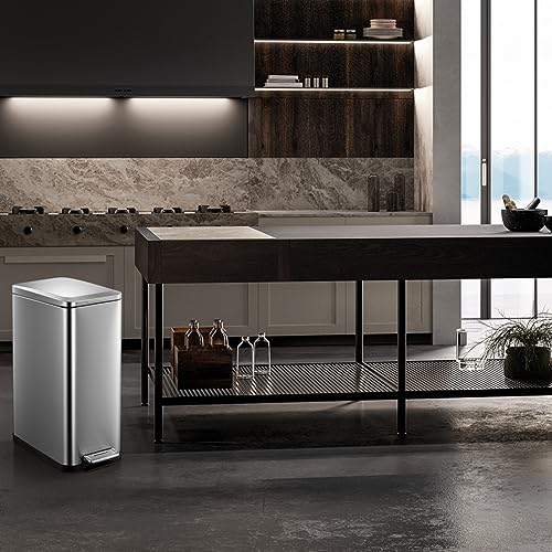 Fashionwu Slim Trash Can, Smudge Resistant Rectangular Garbage Can with Soft-Close Foot Pedal, Brushed Stainless Steel, 50 Liter/13 Gallon