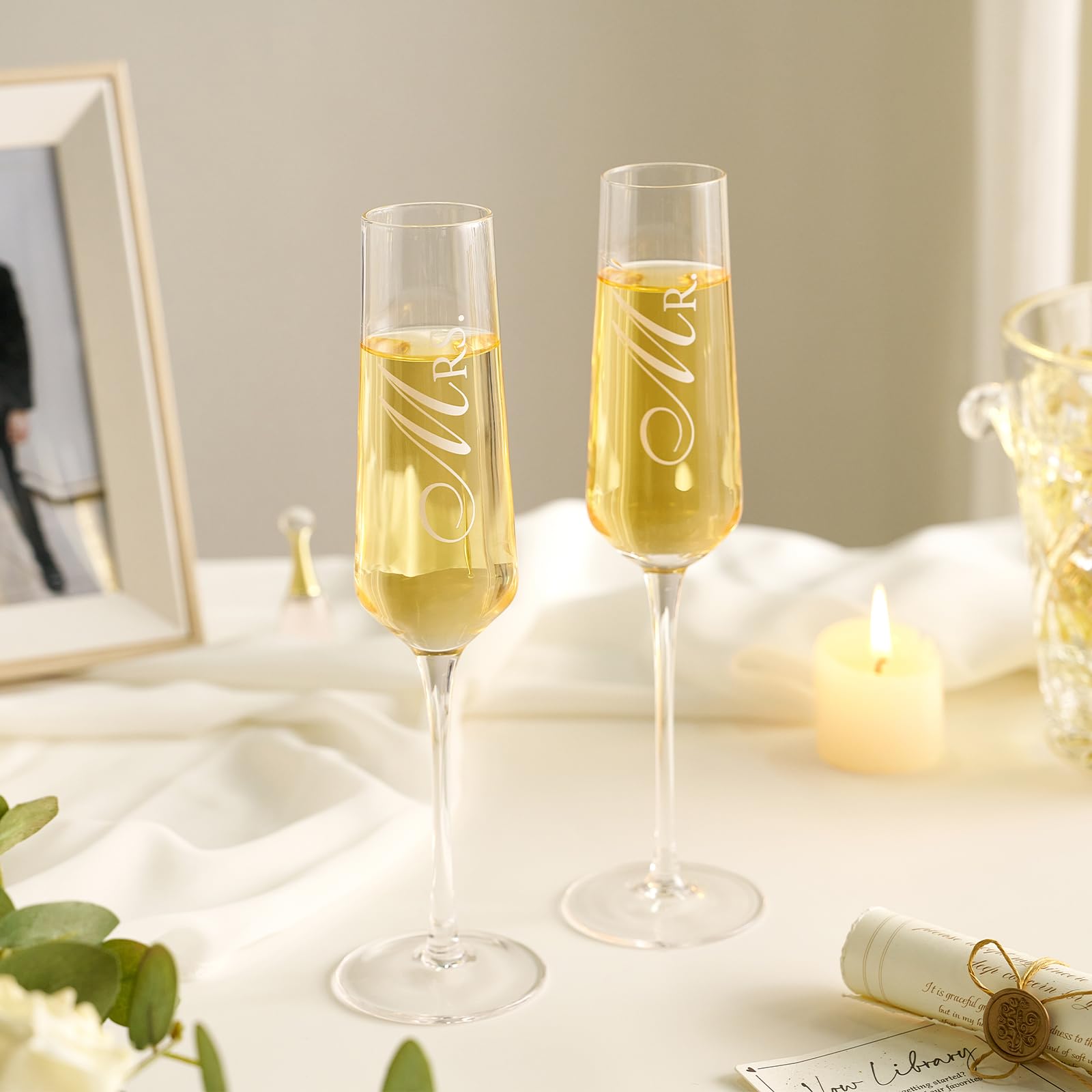 AW BRIDAL Wedding Champagne Flutes Set with Wood Memory Box, Crystal Champagne Flutes for Mr and Mrs Wedding Gift Bridal Shower Gift Anniversary Engagement Gift Valentines Day Gifts for Couple