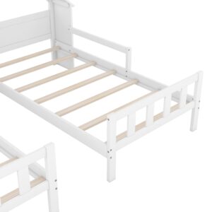 Bellemave Double Twin Size Platform Bed with House-Shaped Headboard and Built-in Nightstand,Twin House Bed Frame for 2 Kids,Montessori Bed for Boys & Girls(White)