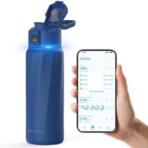 waterh boost smart water bottle with reminder to drink water & water tracker bottle - double wall vacuum insulated water bottle stainless steel, wide mouth 32 oz water bottles, ideal for gift - blue