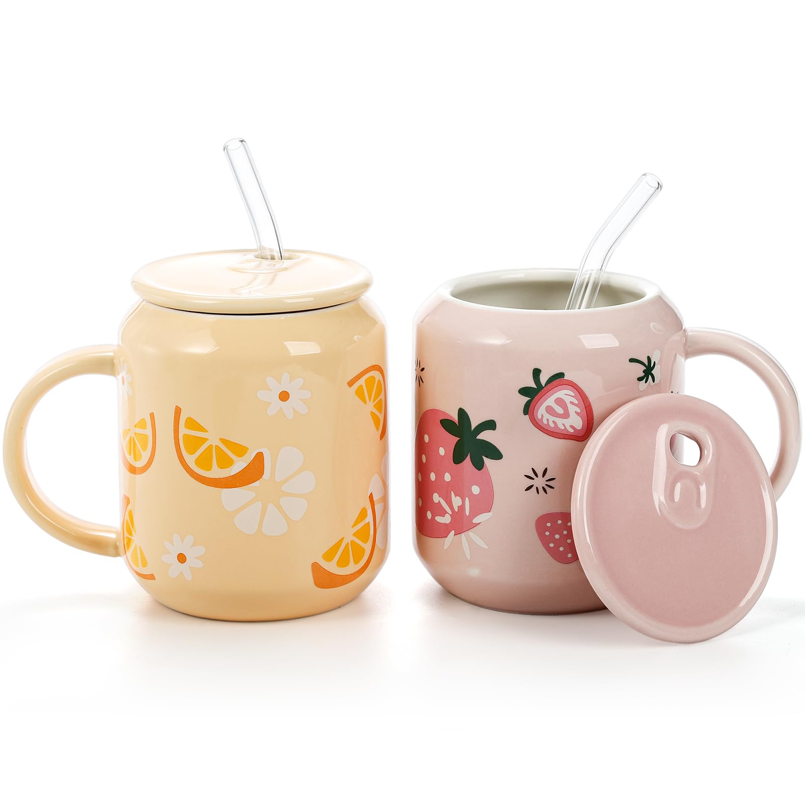 Noamus 2 Pack Cute Ceramic Mugs with Lid and Straw, 13 Oz Fruits Pattern Coffee Cup with Handle, Handmade Strawberry Orange Tea Cup for Office Home, Hot Ice Water Chocolate Milk, Women Gift