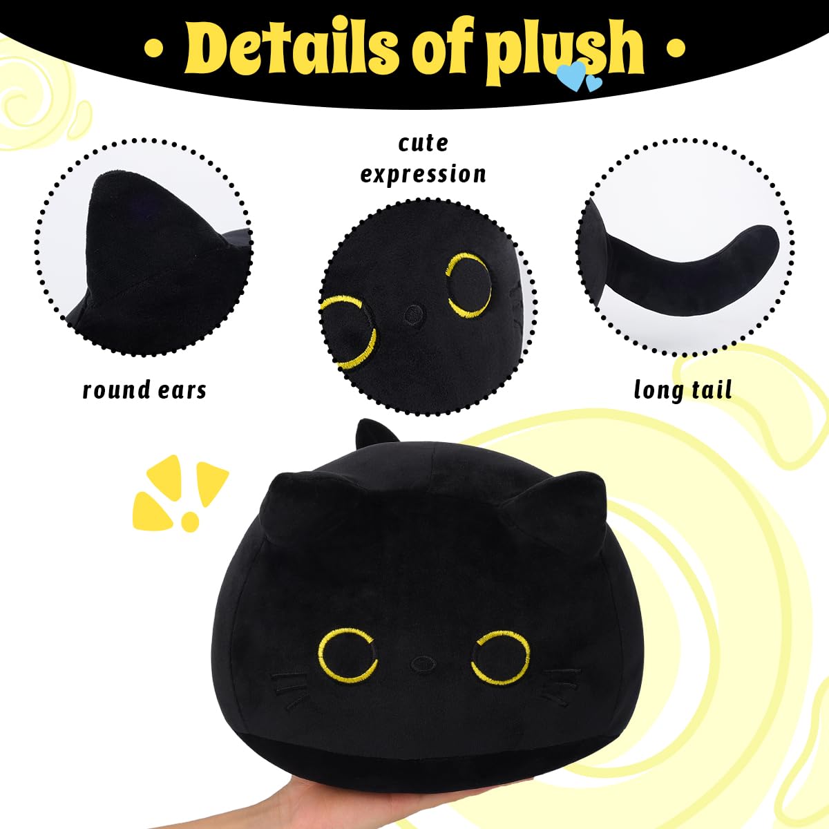 Alayger Black Cat Plush Pillow 7" Black Kitten Stuffed Animals, Soft Kawaii Plushies Hugging Cat Plush Toy for Kids