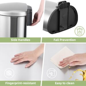 Stainless Steel 50 Liter / 13 Gallon Trash Can, Semi-Circular Steel Pedal Recycle Bin with Lid and Inner Buckets, Hands-Free Kitchen Garbage Can