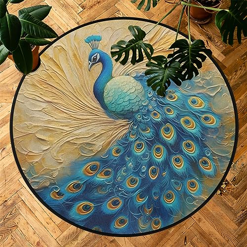 Peacock Pattern Round Area Rug, Animal Painted Non-Slip Circle Rug for Bedroom Living Room Outdoor Study Playing Floor Mat Carpet, 3' Diameter