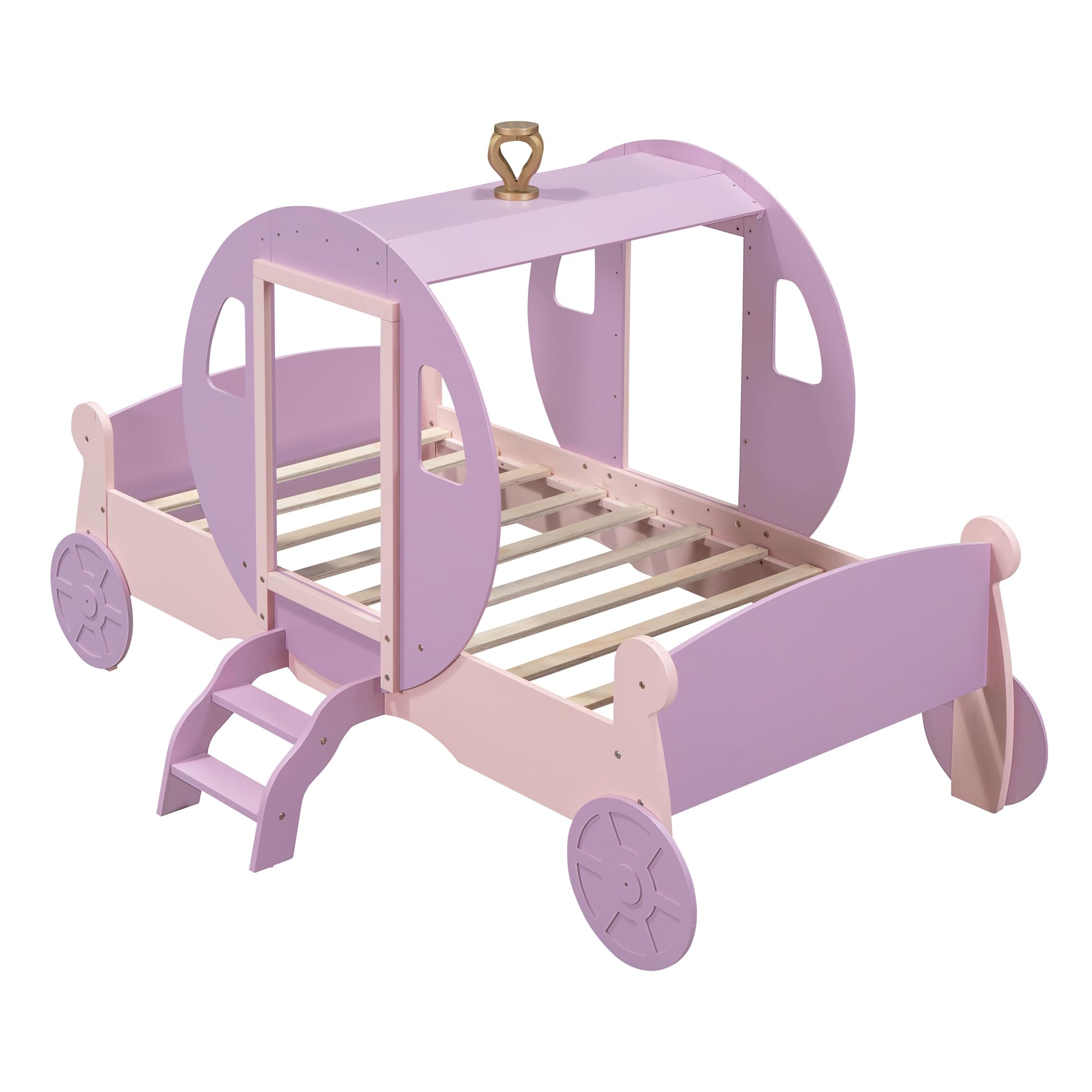 Twin Size Princess Carriage Bed Frame for Boys Girls Kids Toddler with Crown, Wood Platform Car Bed with Stair, Purple+Pink