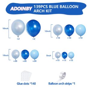 Blue Balloons Arch Kit, ADOINBY 139Pcs Macaron Blue Royal Blue Balloon Garland kit, 18 12 10 5 Inch Different Size Balloons for Baby Shower Graduation Boys Birthday Ocean Themed Party Decorations