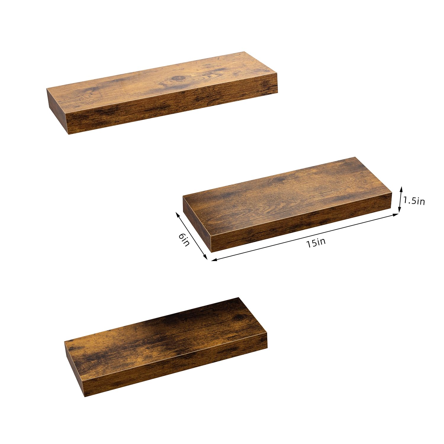 AHDECOR Floating Shelves, Stylish Rustic Wooden Wall Shelves with Invisible Brackets, Versatile Wall Mounted Storage Shelves for Home and Office Decor, Set of 3