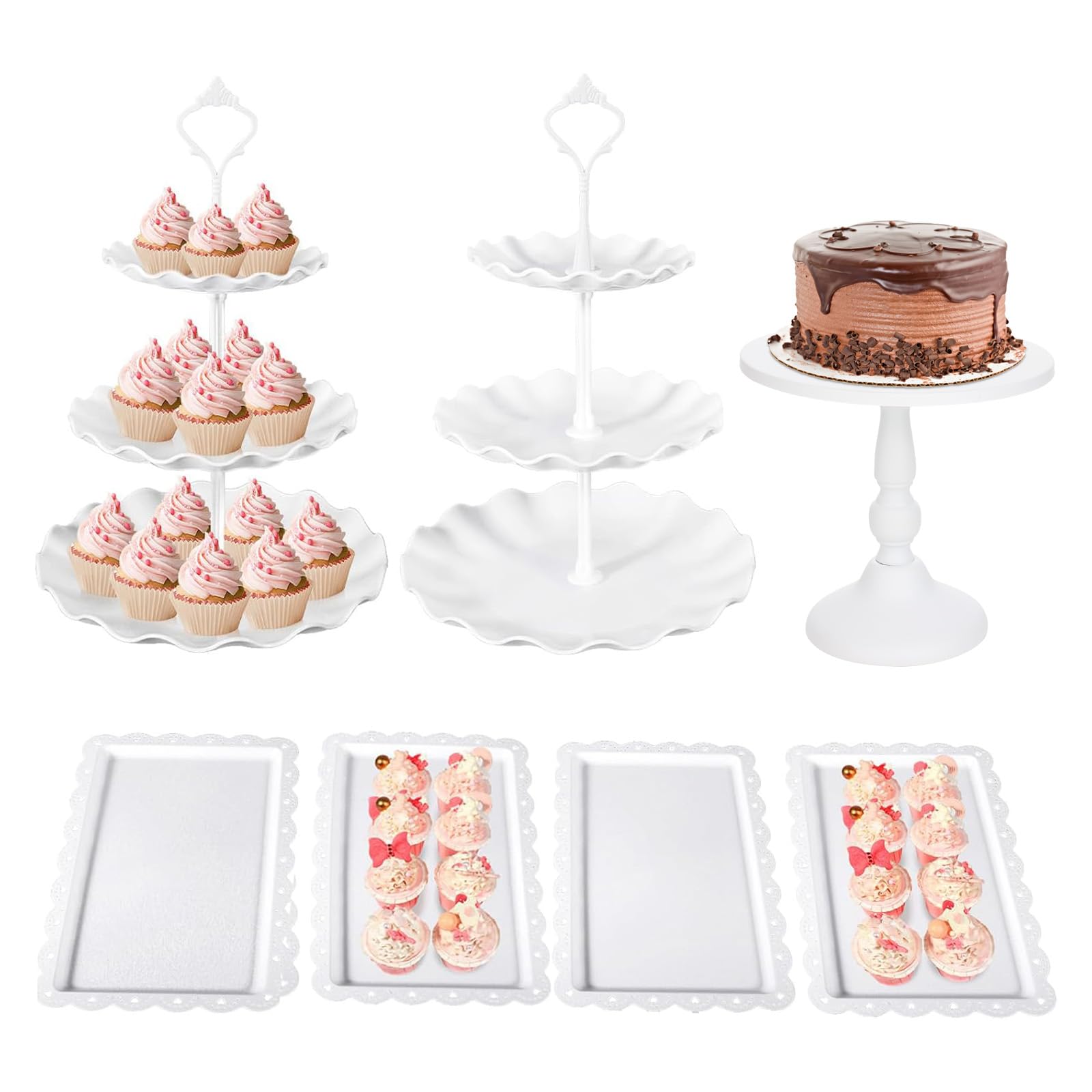 7 Pcs Dessert Table Stand Set 2 Pcs 3-Tier Plastic Cupcake Stands 1 Pc Metal White Cake Stand for Party Cookie Tray Rack Serving Tray Display Tower and 4 Pc Dessert Tray for Wedding Baby Shower