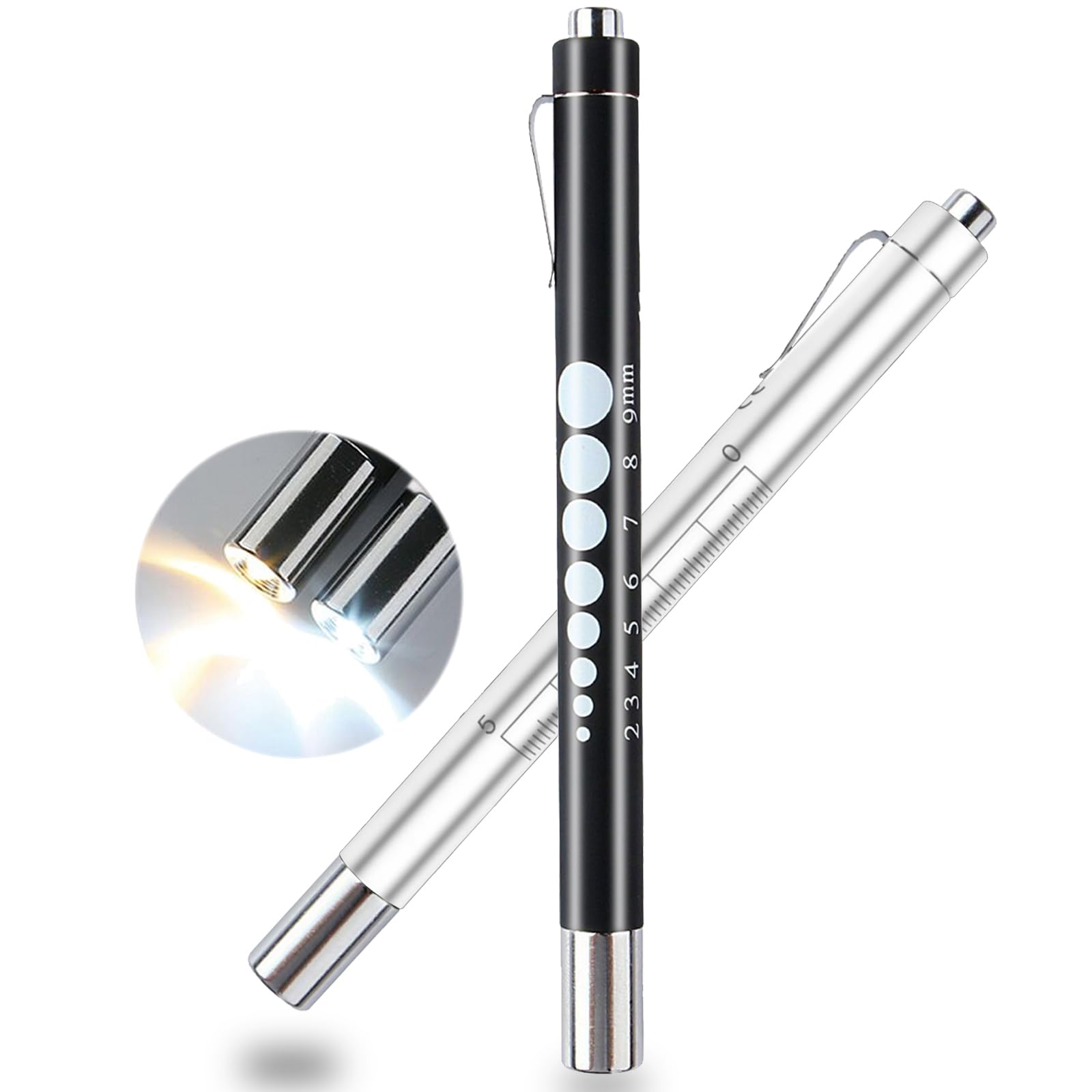 Pen Lights for Nurses,2 Pack Medical Pen Light with Pupil Gauge and Ruler, Warm White & Cool White Light LED Penlight for Nursing Students Doctors (Black/White)