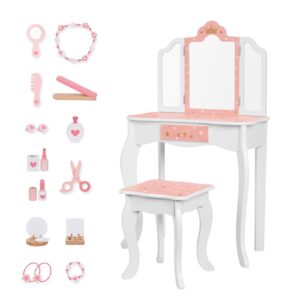 oook kids vanity set, girls makeup vanity table and chair set, premium toddler vanity set with detachable tri-fold mirror, stool and large storage drawer.