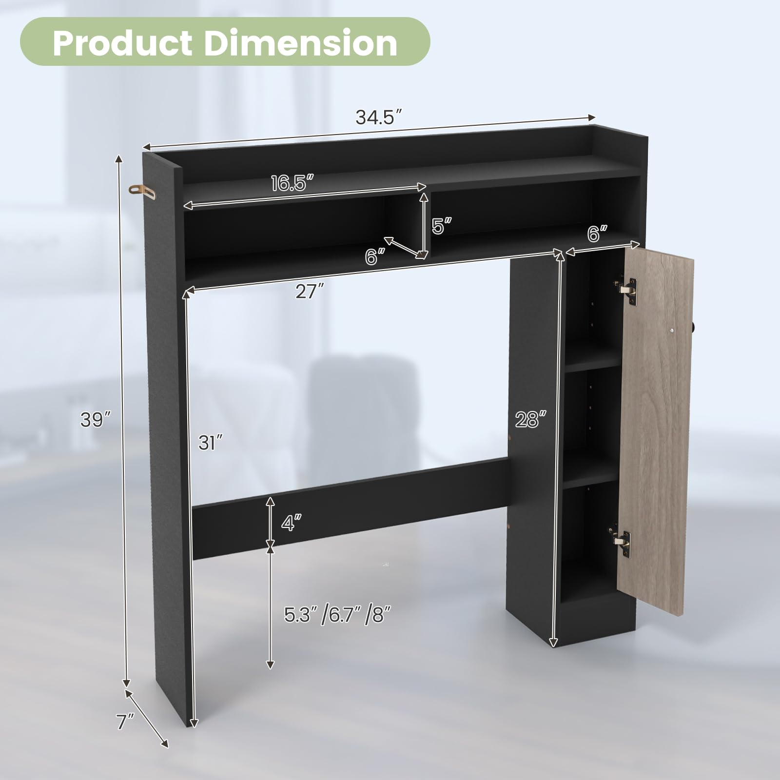 Giantex Over The Toilet Storage Cabinet, Freestanding Bathroom Organizer w/Single Door Cabinet & Open Shelves, Space-Saving Toilet Rack w/Adjustable Shelves for Laundry Room, 34.5" x 7" x 39"