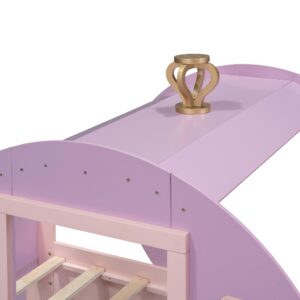 Twin Size Princess Carriage Bed Frame for Boys Girls Kids Toddler with Crown, Wood Platform Car Bed with Stair, Purple+Pink