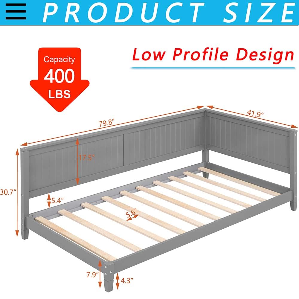 Anwick Wood Daybed Frame,Twin Bed Frames with Headboard and Back,Low Profile Day Bed with Solid Wood Slat Support for Toddlers,Kids,Teens,Adults,Easy Assemble (Twin, Grey)