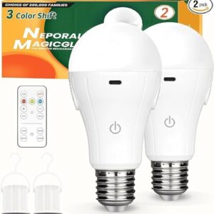 Neporal MagicGlow Rechargeable Light Bulbs with Remote, 3 Colors Shift + Dimmable Battery Powered Light Bulbs, USB Rechargeable, A19 Standard Emergency LED Light Bulbs, 15W, Up to 24 Hours, 2 Pack