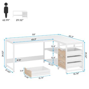 Tribesigns L Shaped Computer Desk with Storage Drawers, 59 inch Corner Desk with Shelves, Reversible L-Shaped Office Desk Study Writing Table Workstation for Home Office, White