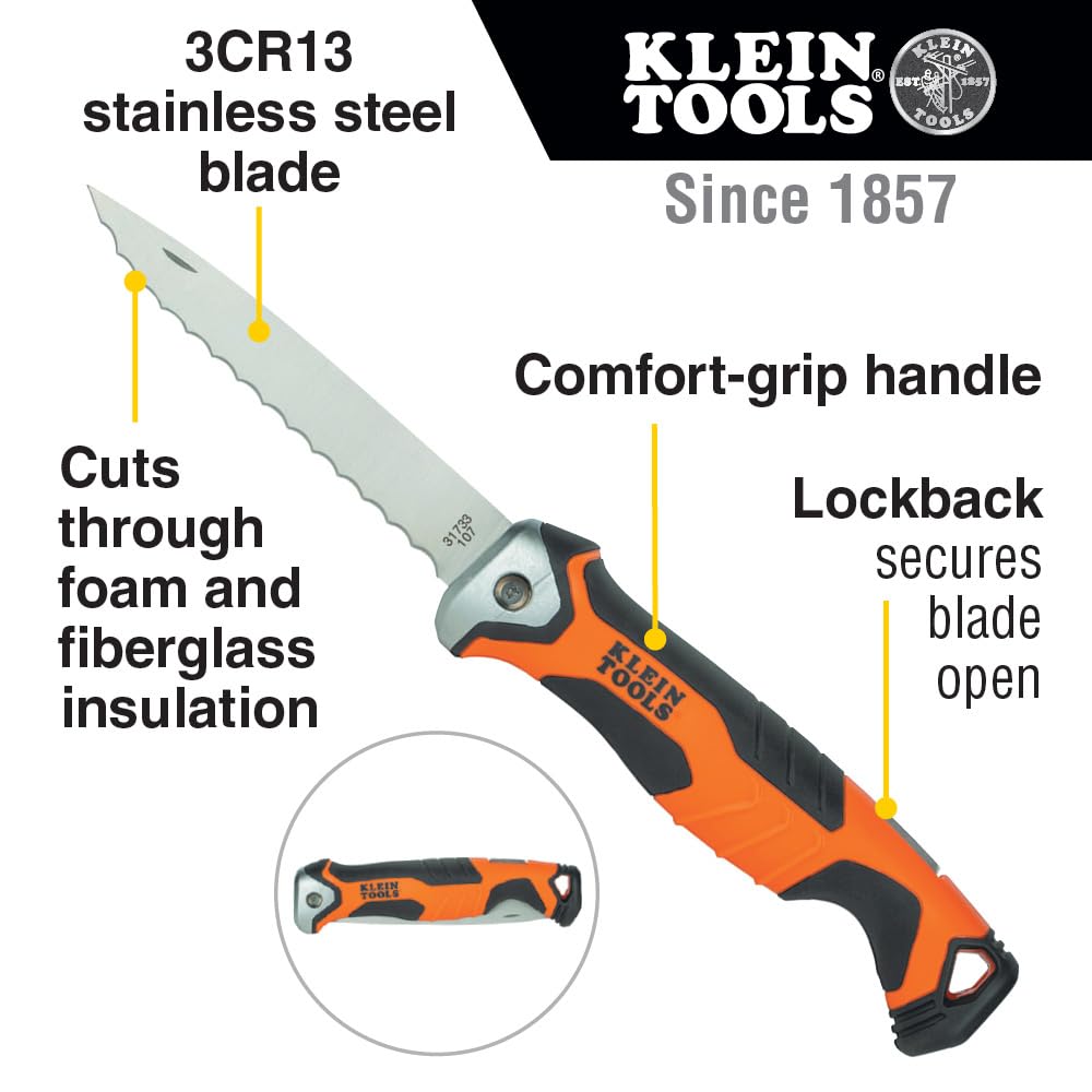 Klein Tools 31733 Insulation Knife, Cuts Foam and Fiberglass with Serrated Stainless Steel Folding Blade and Lockback Mechanism