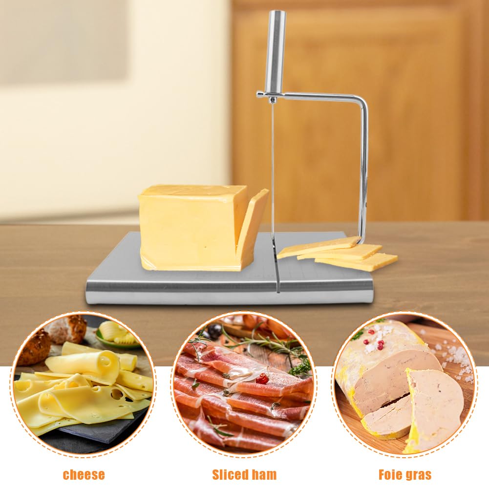 CALIDAKA Cheese Slicers For Block Cheese Wire Cheese Slicer with 5 Replacement Wires Stainless Steel Cheese Slicer Cutter Cheese Slicer Cutting Board Accurate Size Scale Cheese Cutter(silver)