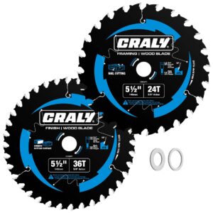 CRALY 5-1/2 Inch 24&36 Teeth Wood Cutting Framing/Fine Finish Circular Saw Blade, 5/8 Inch Arbor, Carbide Tipped, Thin Kerf, Black Ice Coating, for Plywood, MDF, OSB, Laminated, 2-Pack(C052436-2)