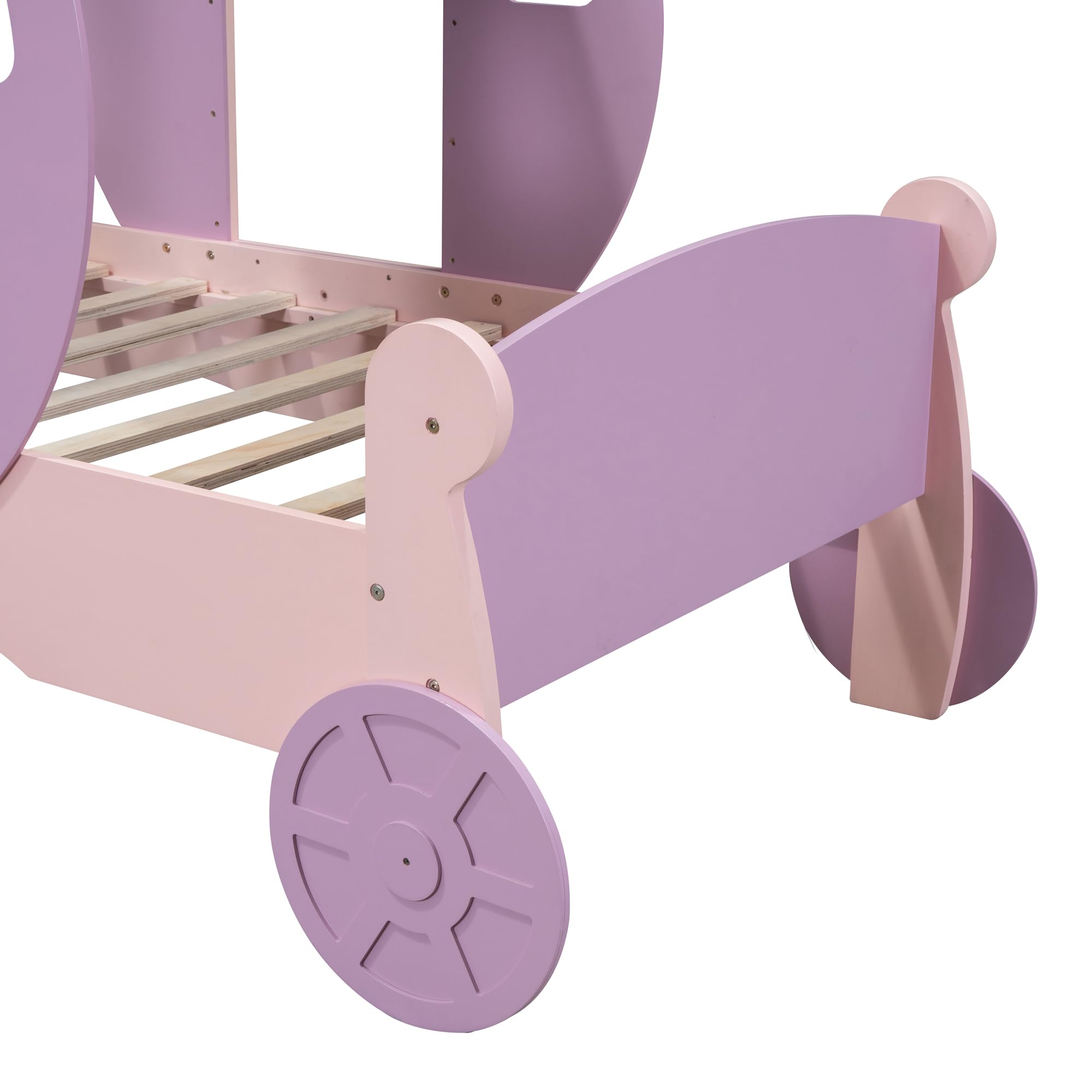 Twin Size Princess Carriage Bed Frame for Boys Girls Kids Toddler with Crown, Wood Platform Car Bed with Stair, Purple+Pink