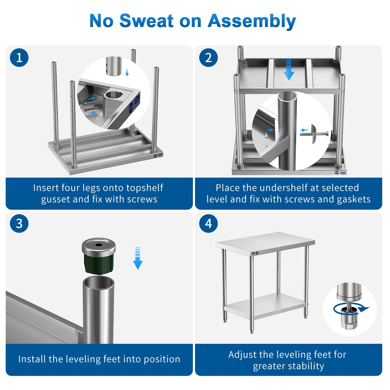 Leteuke Stainless Steel Prep Table, NSF Metal Work Table, SUS201 Commercial Heavy Duty Table with Adjustable Undershelf, Food Prep Table for Restaurant Kitchen - 36" x 24" x 34"