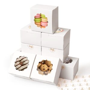 shallive 4-inch small cookie boxes 50 pcs white - bakery treat boxes with window for gifting, to-go containers for cake slice, macarons, donuts 4x4x2.5