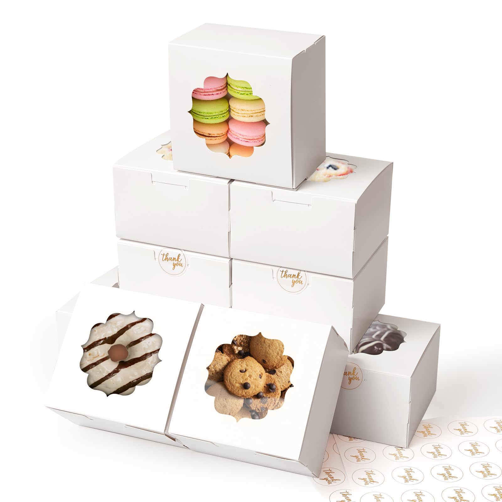 Shallive 4-Inch Small Cookie Boxes 50 Pcs White - Bakery Treat Boxes with Window for Gifting, To-go Containers for Cake Slice, Macarons, Donuts 4x4x2.5