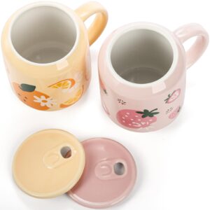 Noamus 2 Pack Cute Ceramic Mugs with Lid and Straw, 13 Oz Fruits Pattern Coffee Cup with Handle, Handmade Strawberry Orange Tea Cup for Office Home, Hot Ice Water Chocolate Milk, Women Gift