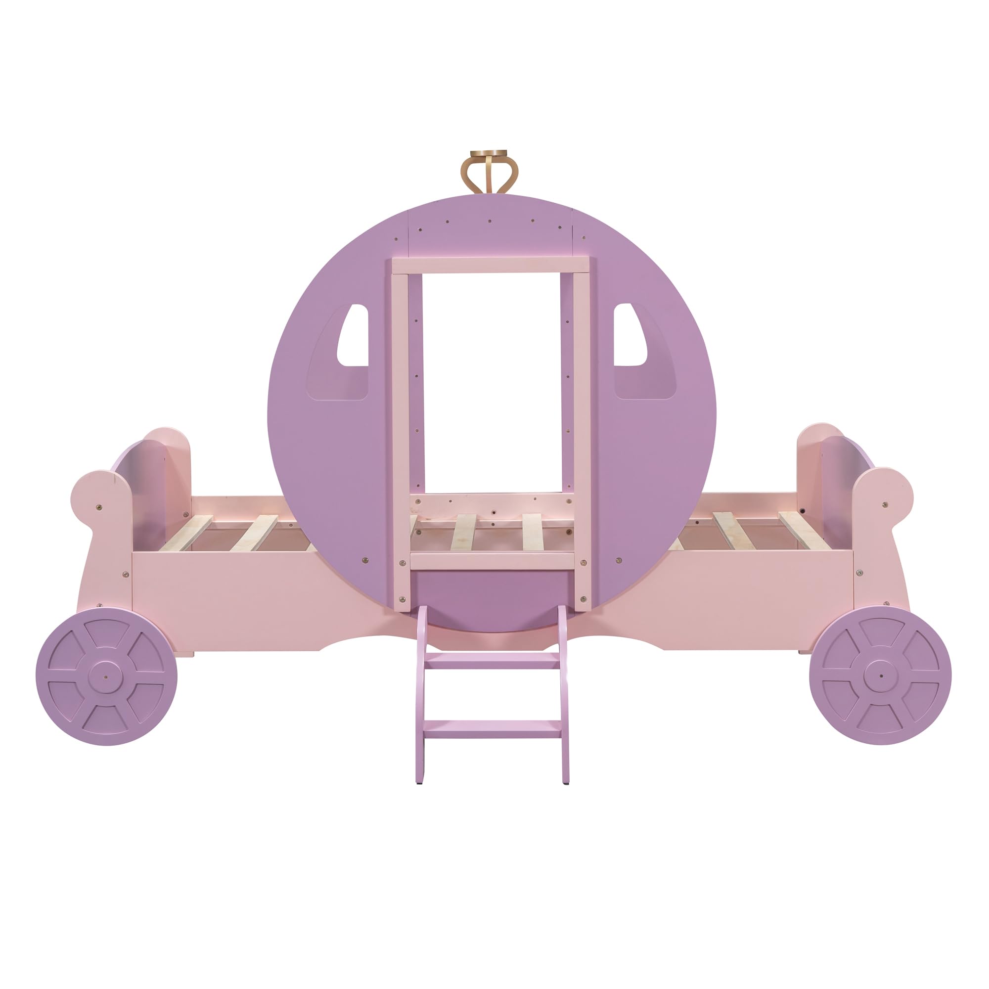 Twin Size Princess Carriage Bed Frame for Boys Girls Kids Toddler with Crown, Wood Platform Car Bed with Stair, Purple+Pink