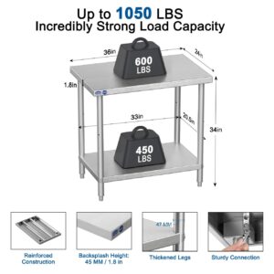 Leteuke Stainless Steel Prep Table, NSF Metal Work Table, SUS201 Commercial Heavy Duty Table with Adjustable Undershelf, Food Prep Table for Restaurant Kitchen - 36" x 24" x 34"