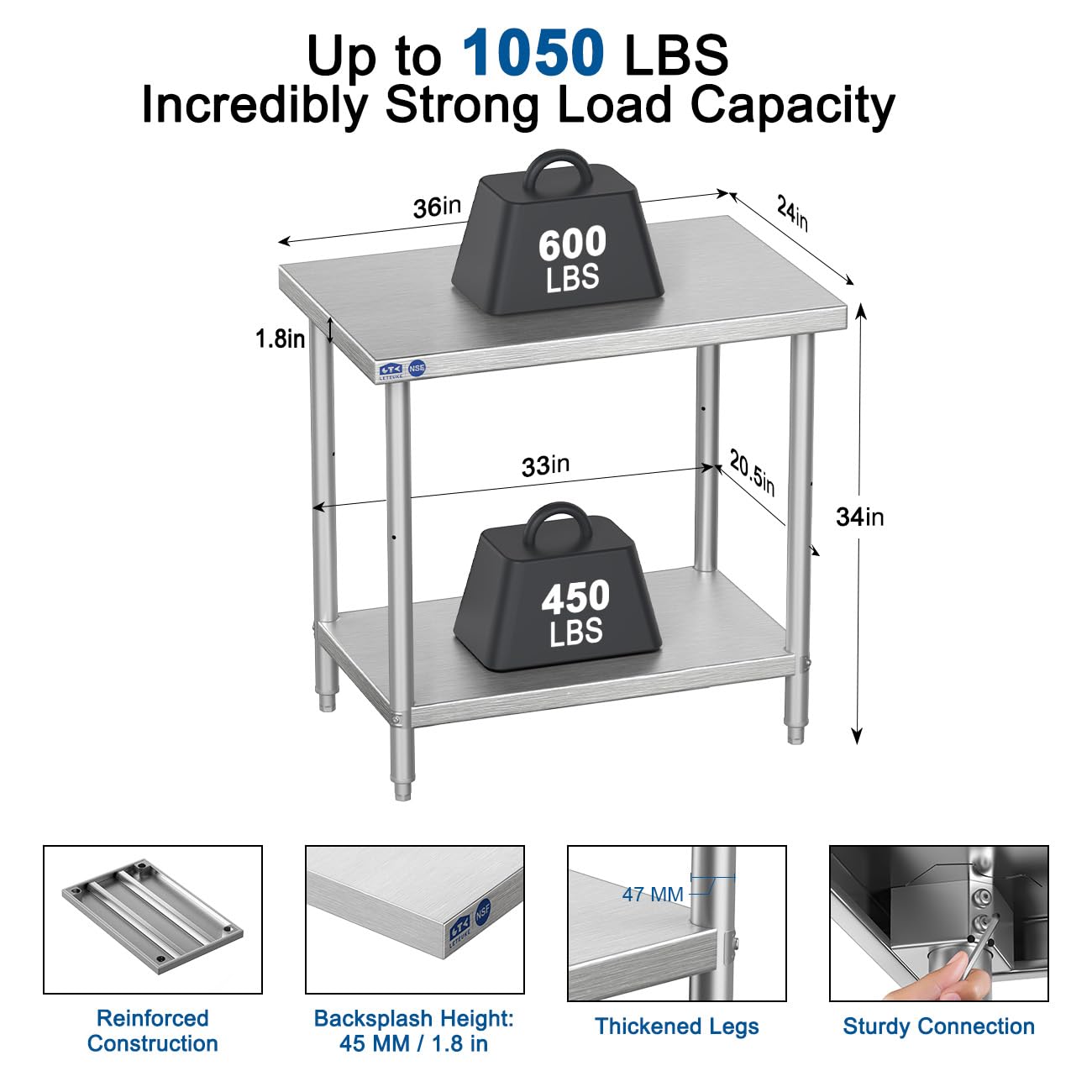 Leteuke Stainless Steel Prep Table, NSF Metal Work Table, SUS201 Commercial Heavy Duty Table with Adjustable Undershelf, Food Prep Table for Restaurant Kitchen - 36" x 24" x 34"