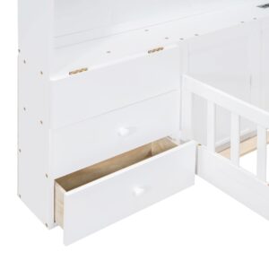 Harper & Bright Designs Full Floor Bed for Kids, Wood Montessori Floor Bed with Rails,Full House Bed with Window and Bedside Drawers,Kids Full Bed with Shelves and a Set of Sockets and USB Port,White