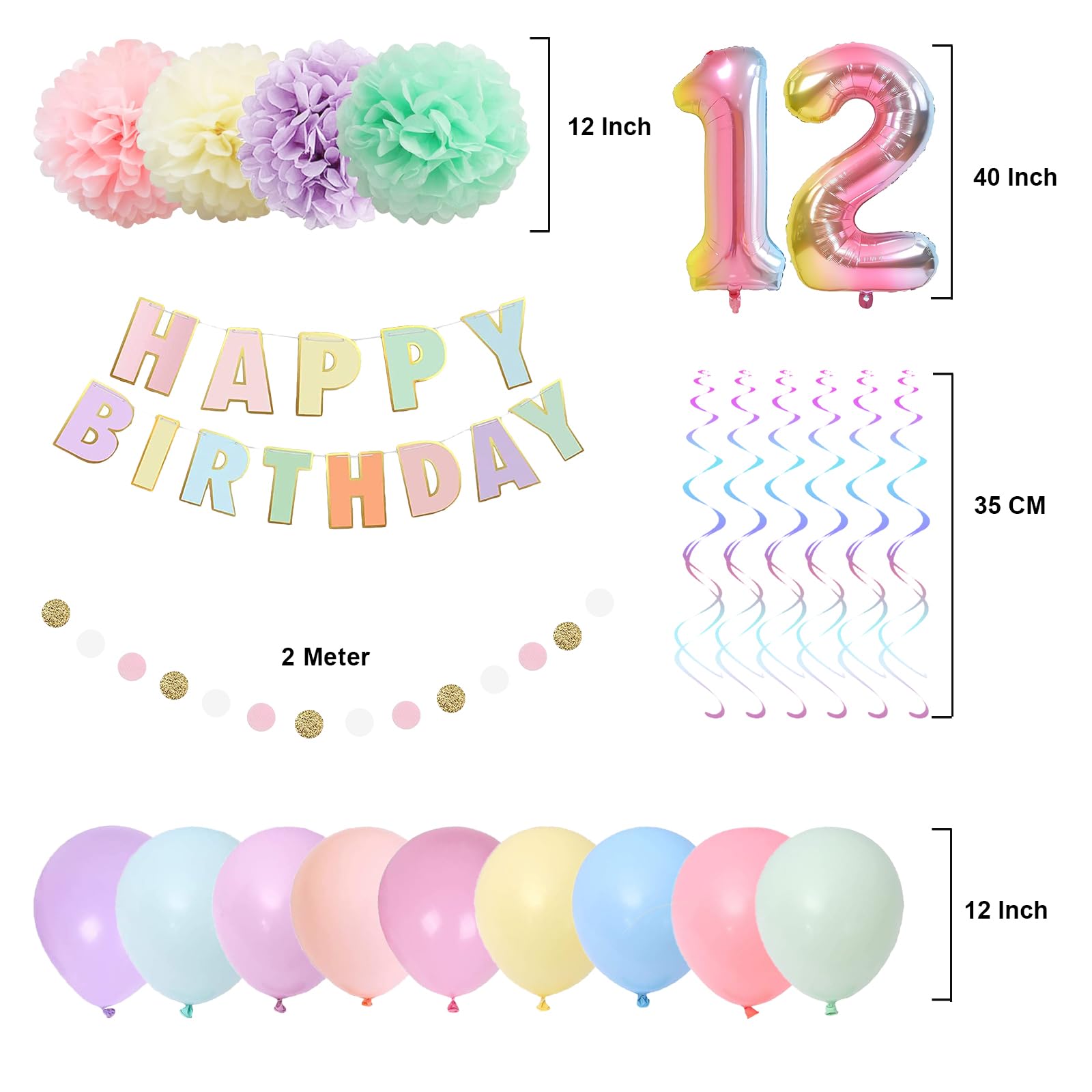 BRT Bearingshui 12th Birthday Decorations, 40 Inch Rainbow Gradient Number 12 Balloon, 12th Birthday Balloon, Happy Birthday Banner, Children’s 12th Birthday Party Supplies for Kids