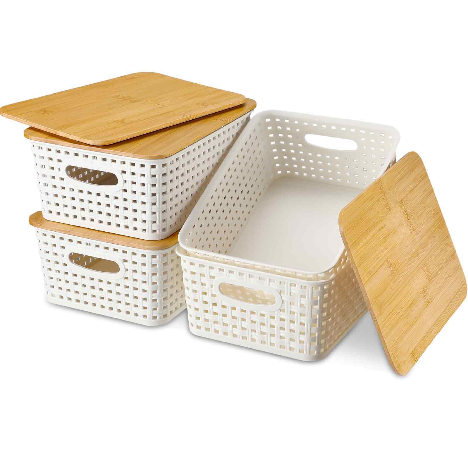 Barydat 4 Pack Plastic Storage Baskets with Bamboo Lid Pantry Organization Storage Containers Lidded Storage Bins Container for Shelves Drawers Desktop Closet Playroom Classroom Office (White)