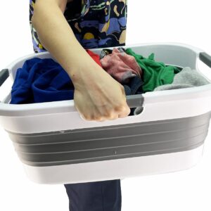 SAMMART 30L (7.9 gallon) Collapsible Plastic Laundry Basket - Foldable Pop Up Storage Container/Organizer - Portable Washing Tub - Space Saving Hamper/Basket (2, White/Steel Grey)