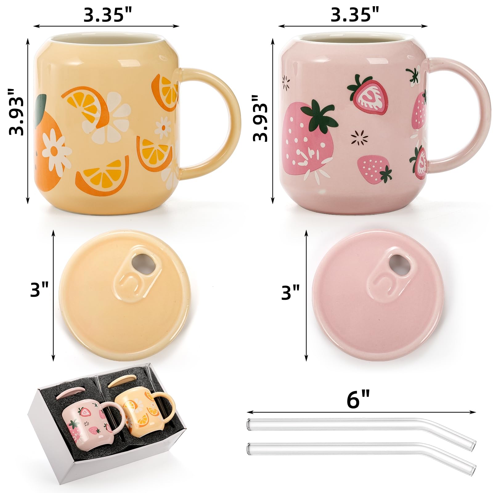 Noamus 2 Pack Cute Ceramic Mugs with Lid and Straw, 13 Oz Fruits Pattern Coffee Cup with Handle, Handmade Strawberry Orange Tea Cup for Office Home, Hot Ice Water Chocolate Milk, Women Gift