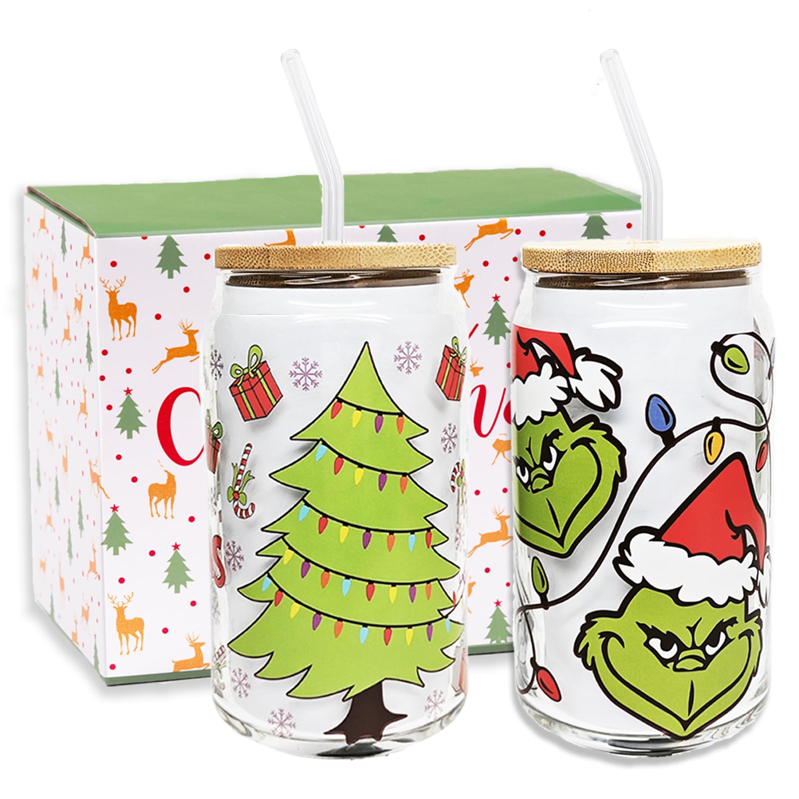 WODOHOLO Christmas Cups 16oz Christmas Coffee Can Glass with Lid and Straw Xmas Grin-ch Tree Tumbler Drinking Glasses Coffee Cups Decor Glass Water Bottles Gift for Women Kids Men