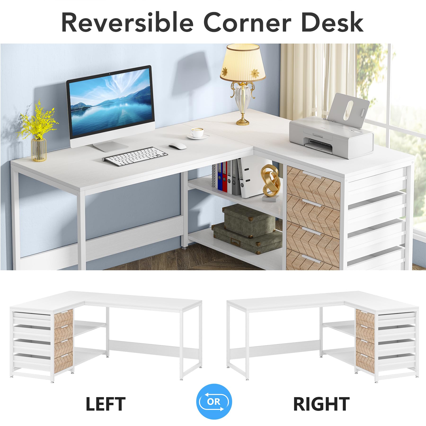 Tribesigns L Shaped Computer Desk with Storage Drawers, 59 inch Corner Desk with Shelves, Reversible L-Shaped Office Desk Study Writing Table Workstation for Home Office, White