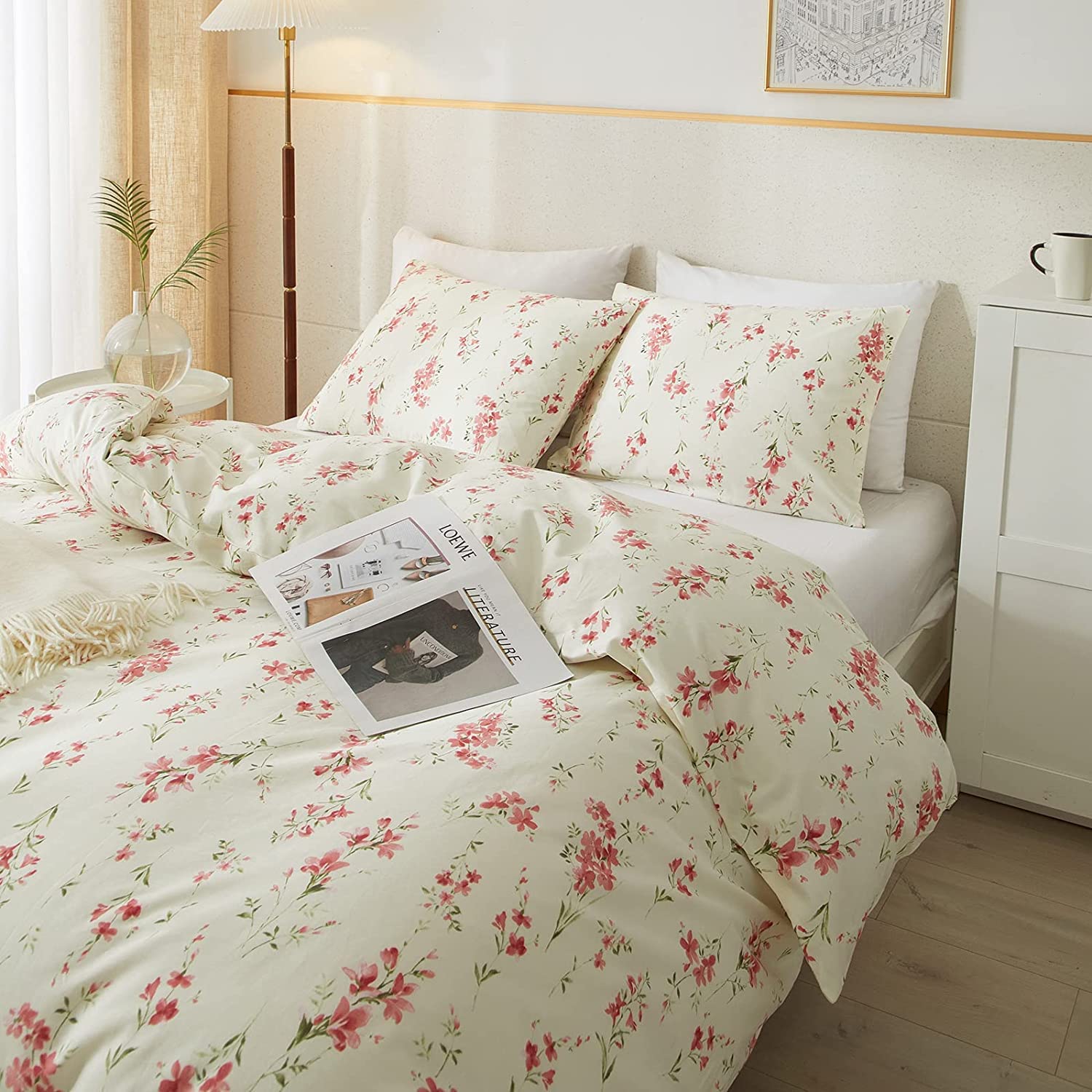 MOTNTD Floral Duvet Cover Twin Soft Cotton Bedding Set Twin Aesthetic Shabby Chic Girls Flower Pattern Duvet Cover Set 3 Piece Breathable Garden Botanical Comforter Cover with 2 Pillowcases