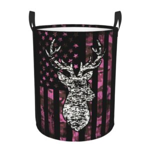 laundry hamper compatible with american flag camo funny deer hunting pink camouflage freestanding collapsible large laundry basket, boys girls clothes toys laundry hamper basket