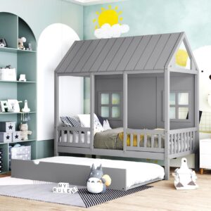 voqoomkl twin house bed with pull out trundle, platform bed frame with roof design and guard rail,wood playhouse bed twin with support legs for teens girls,boys,no box spring needed,gray