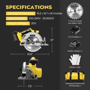 VIVOHOME 7-1/4-Inch Circular Saw Kit, 20V Brushless 4000 RPM, Max Cutting Depth 2-12/25"(90°), 1-5/8"(45°), Cordless Saw with a 4.0-Ah Battery, Fast Charger, and Carrying Bag