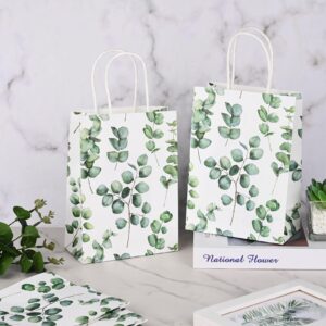 24 Pack Eucalyptus Paper Gift Bags with Handles Greenery Watercolor Green Leaf Paper Gift Bags Bulk Candy Goodie Treat Bags for Spring Wedding Birthday Baby Shower Party Favor Supplies