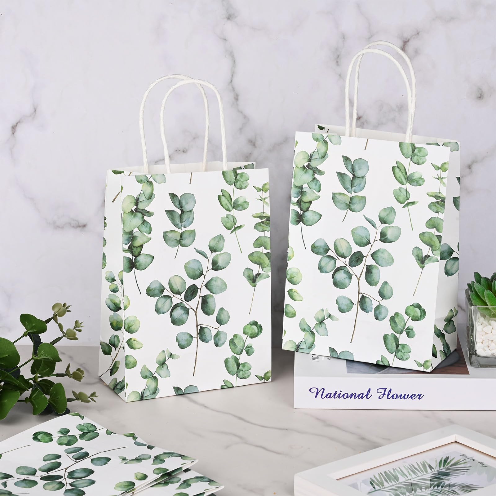 24 Pack Eucalyptus Paper Gift Bags with Handles Greenery Watercolor Green Leaf Paper Gift Bags Bulk Candy Goodie Treat Bags for Spring Wedding Birthday Baby Shower Party Favor Supplies