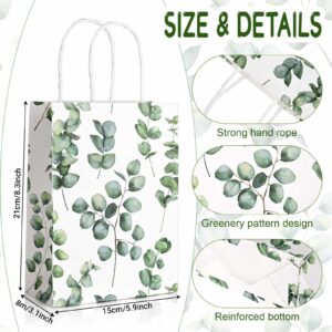 24 Pack Eucalyptus Paper Gift Bags with Handles Greenery Watercolor Green Leaf Paper Gift Bags Bulk Candy Goodie Treat Bags for Spring Wedding Birthday Baby Shower Party Favor Supplies